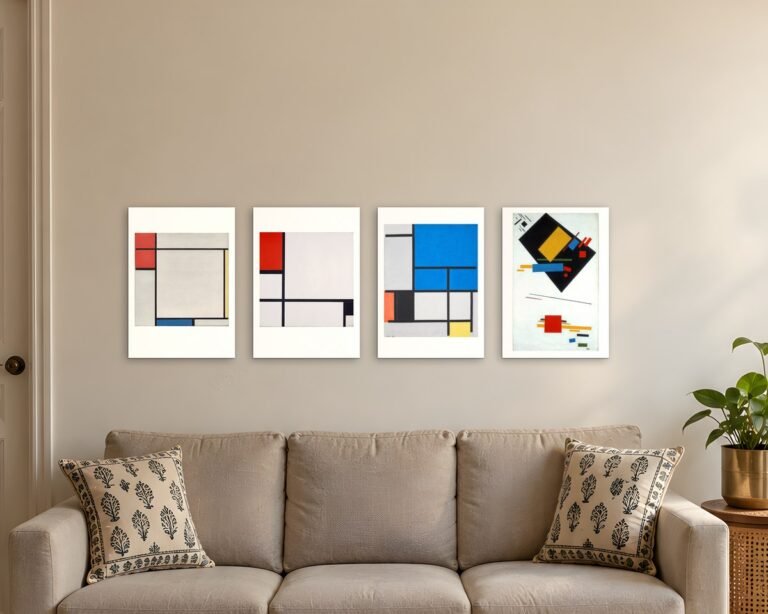 Four geometric abstract prints in A3, by Mondrian and Malevich, above a beige sofa