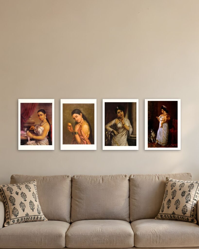 Four Raja Ravi Varma portrait prints in A3 above a sofa, shown to scale