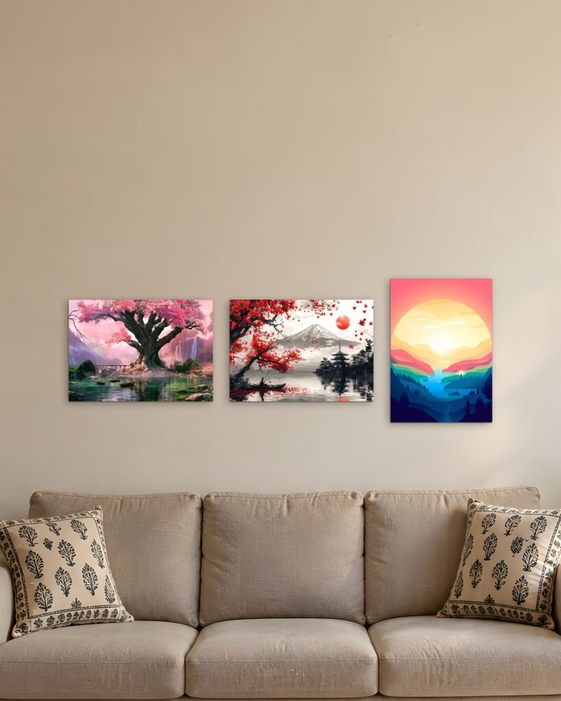 Three scenic prints, cherry blossom, Mount Fuji and a sunset valley, above a sofa