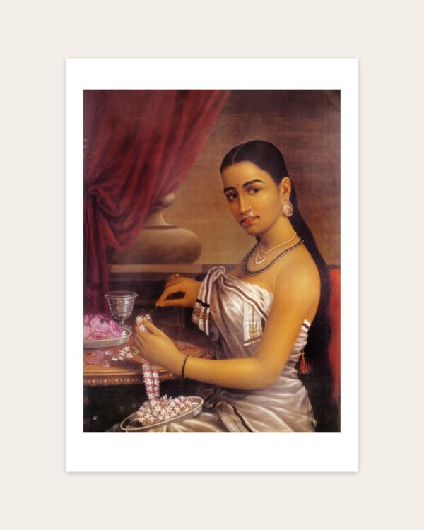 Lady Making a Garland by Raja Ravi Varma, portrait art print on a white border