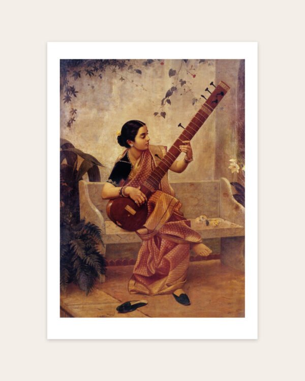 Music Hath Charms by Raja Ravi Varma, portrait art print on a white border