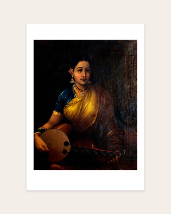 Lady with a Swarbat by Raja Ravi Varma, portrait art print on a white border