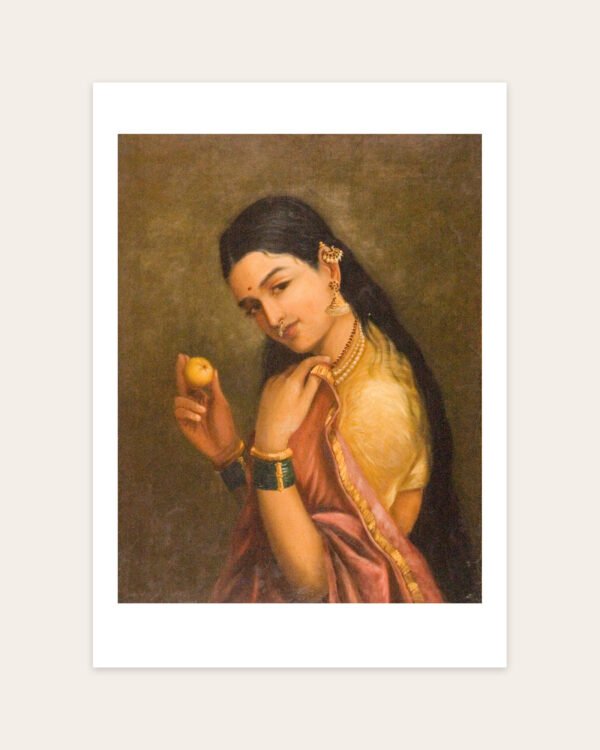 Woman Holding a Fruit by Raja Ravi Varma, portrait art print on a white border